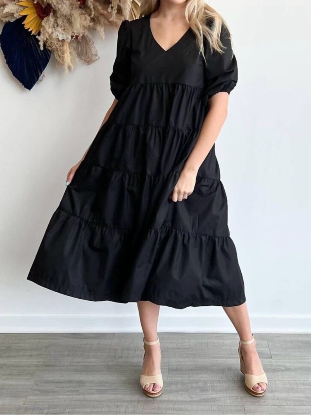 En Saison Reagon Midi Dress Black Cotton Tiered V Neck Large